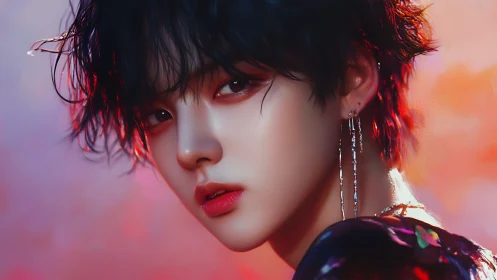 Neon-lit gaze of an androgynous dreamer in soft twilight.