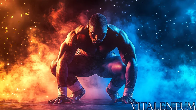 Power sprinter crouched amid fire and ice clouds.