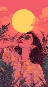 Sunlit daydream among tropical leaves and glowing skies.