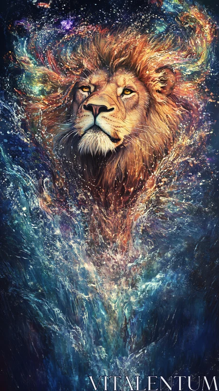 Stellar tide king: cosmic lion rising through nebula surf.