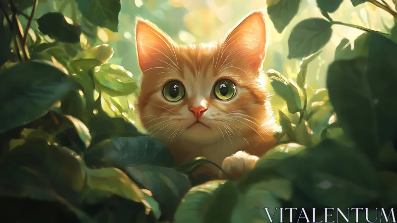 Orange Cat Nestled in Sunlit Garden Foliage.
