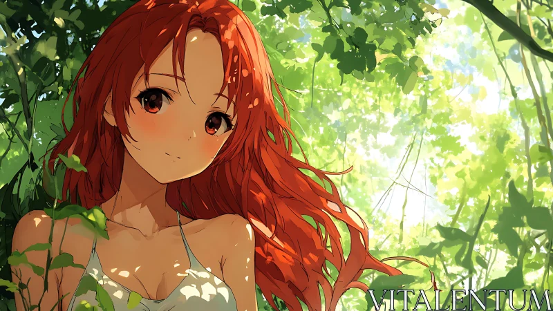 Red haired anime girl in green forest foliage lighting.