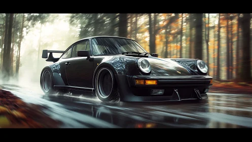 Black sports coupe on wet forest road in motion blur.