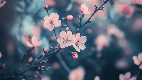 Pink blossoms bloom on dark branches with soft focus bokeh