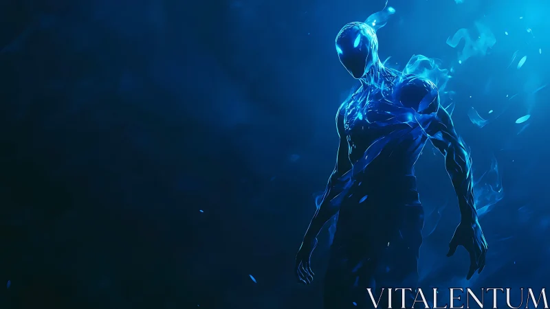 Luminous blue energy humanoid emerges from dark void