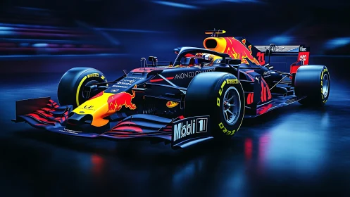 Red Bull Formula 1 car on neon lit track in motion.