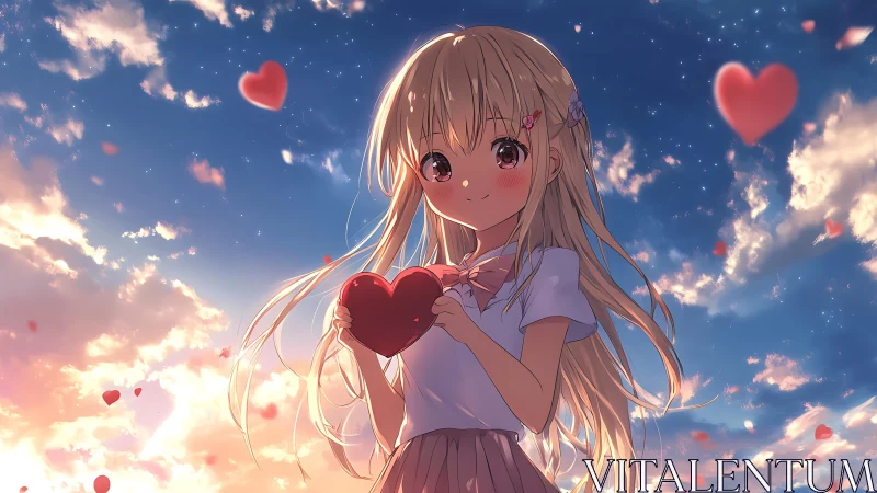 Anime girl holding heart under glowing sunset sky.