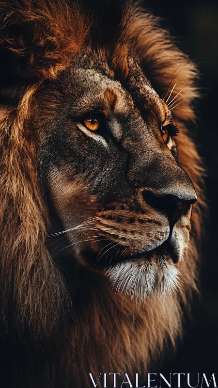 Side profile portrait of male lion with detailed mane