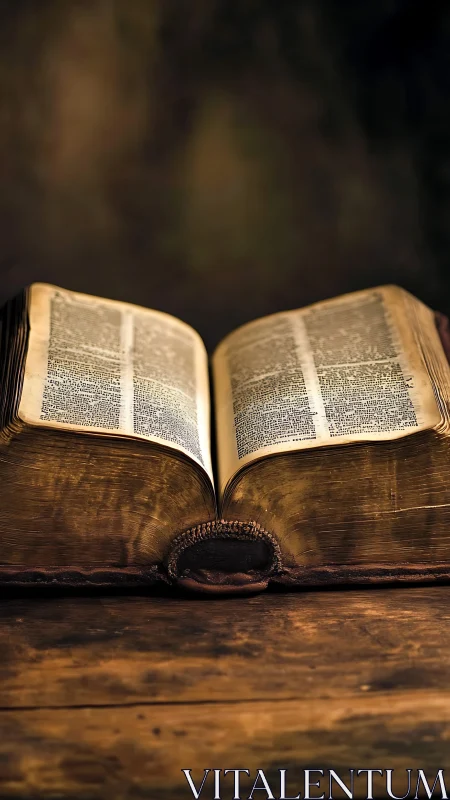 Open aged book rests on wooden surface in soft lighting