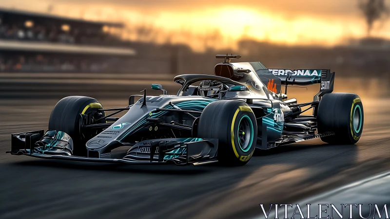 Black and teal Formula 1 race car on track at sunset.