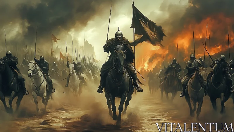 Armored cavalry charge through burning medieval battlefield.