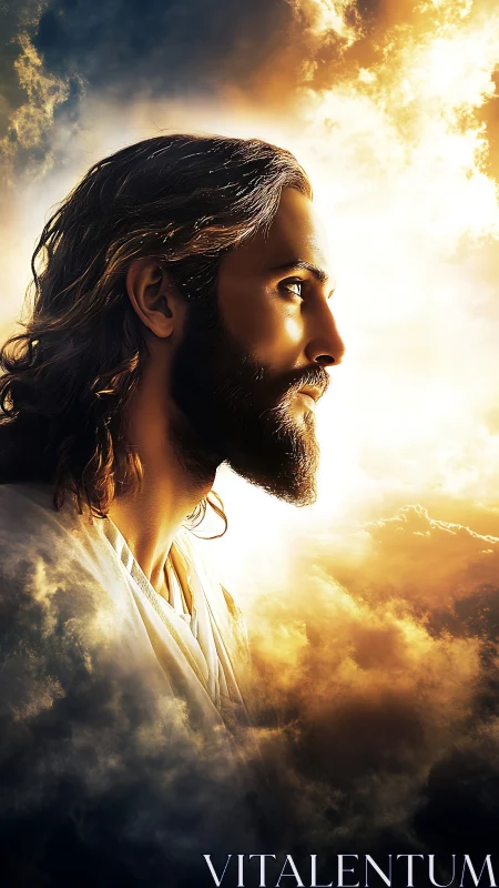 Sunlit profile of serene bearded figure above radiant clouds.