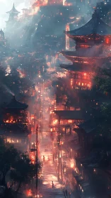 Neon-Lit Eastern City Street Descends Through Towering Architecture