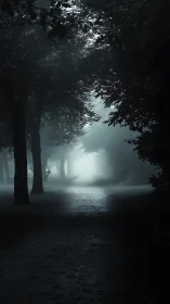 Foggy forest pathway with silhouetted trees at dawn.