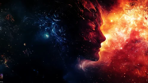 Cosmic fire and void forming human silhouette in profile.
