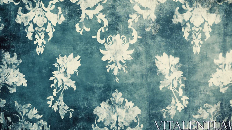 Vintage teal damask wallpaper with distressed texture.