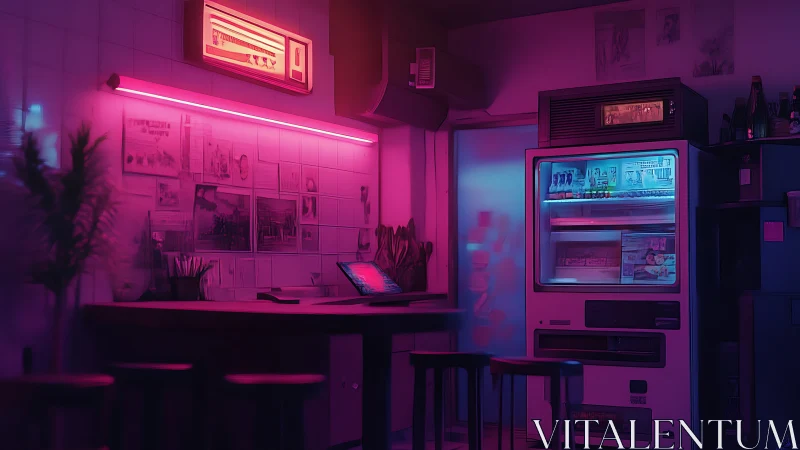 Neon vending corner glows softly in a moody cyber bar