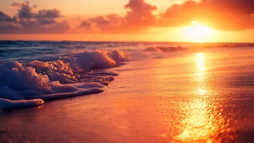 Sunlit shoreline captures foaming surf in warm chromatic haze