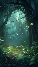 Enchanted Forest Pathway with Luminous Canopy and Butterflies