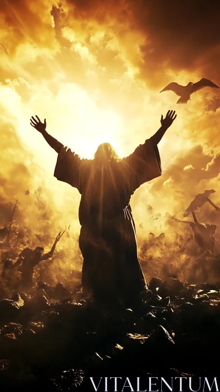 Radiant robed figure embraces blazing celestial light.