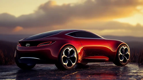 Sunset-kissed crimson concept coupe stalking open horizons.