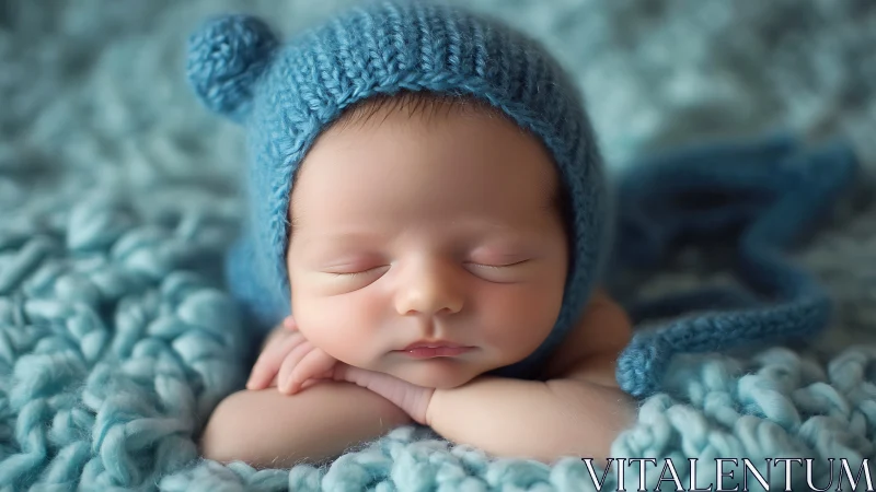 Serene Newborn Portrait with Teal Knit Bonnet and Textured Wrap.