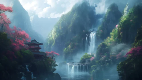 Misty mountains cradle a tranquil temple by cascading falls.