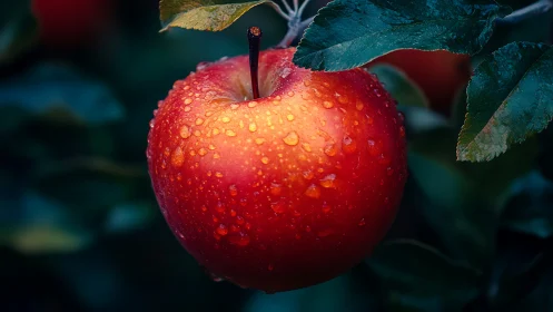 Red apple on tree branch covered in fresh water drops.