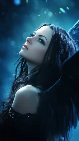 Backlit dark angel portrait with high-contrast volumetric bokeh lighting