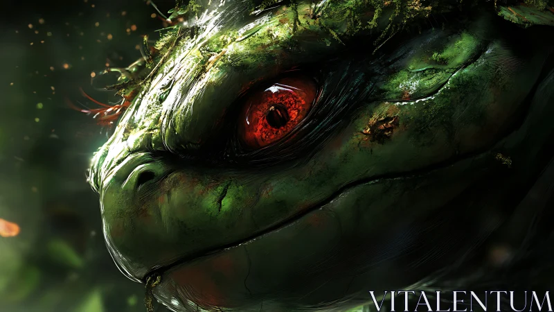 Ancient forest dragon with ember-red eye and mossy scars.