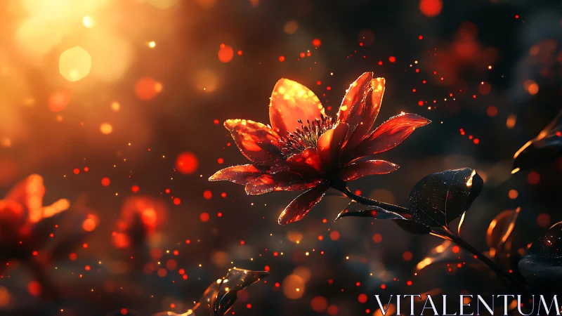 Luminous red flower glows within golden sunset bokeh field.
