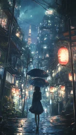 Silhouetted figure with umbrellas in rainy neon alley at night.