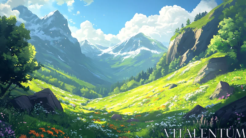 Sunlit alpine valley with stylized flora, rocks, and snow peaks