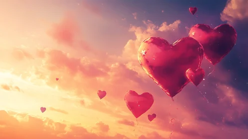 Red heart balloons floating against sunset clouds sky
