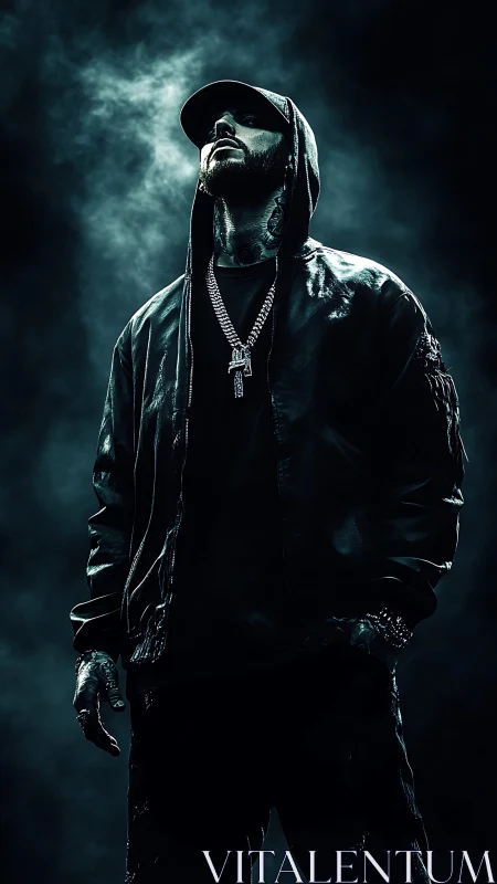Hooded man in dark streetwear stands under dramatic backlight