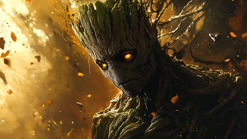 Rooted sentry whispers wildfire secrets through ember eyes