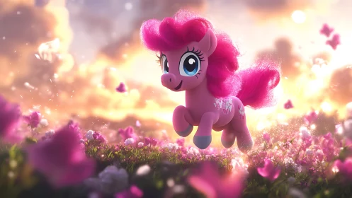 Joy-sparked pink pony prances through glowing blossom dawn.