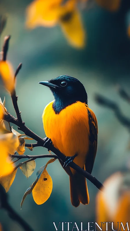 Yellow and black songbird perched on branch amid foliage.