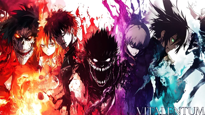 Intense split-color anime lineup with dark creature forms.