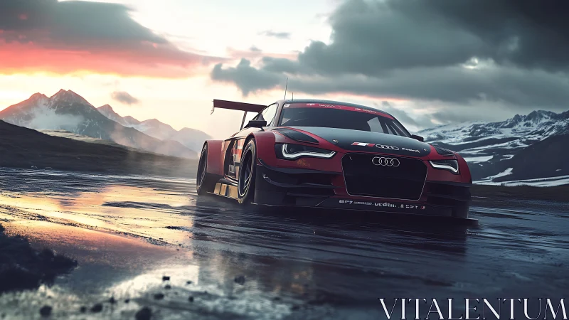 Crimson racer hunts horizons across stormlit alpine asphalt.