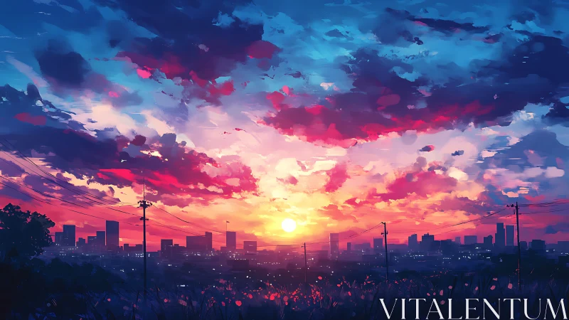 Neon sunset ignites stylized city skyline with vivid clouds.