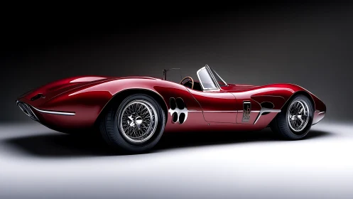 Crimson vintage roadster showcases sculpted aerodynamic curves.
