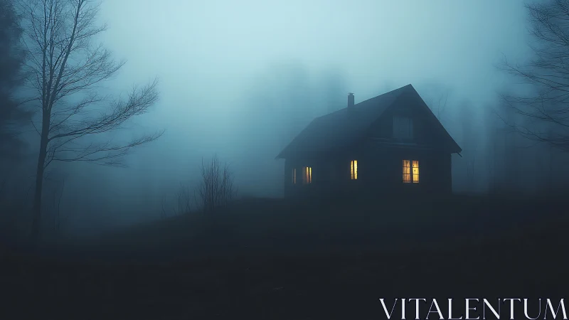 Cozy cabin windows glowing softly through blue forest fog.