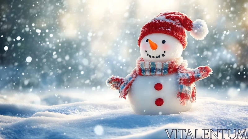 Cheerful snowman in candy-knit scarf under drifting snowfall.