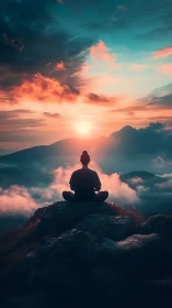 Silhouetted meditator atop clouds under cinematic sunrise sky.