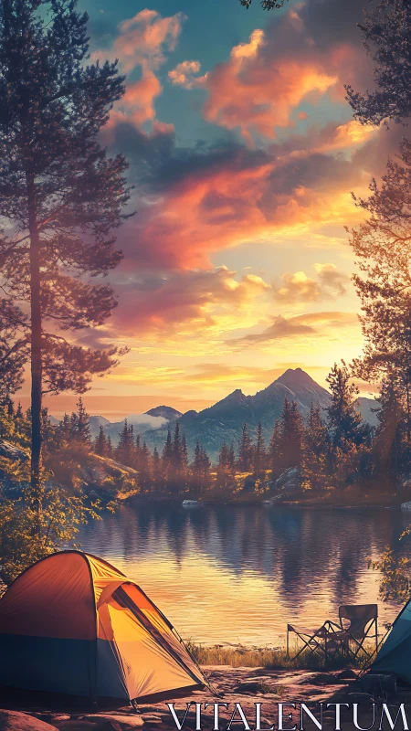 Sunlit lakeside campsite glows softly beneath painted skies