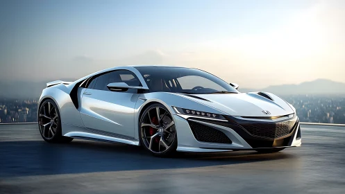 Honda supercar gleams on rooftop at sunrise over cityscape.