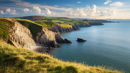 Sunlit green cliffs overlooking a calm blue coastal bay.