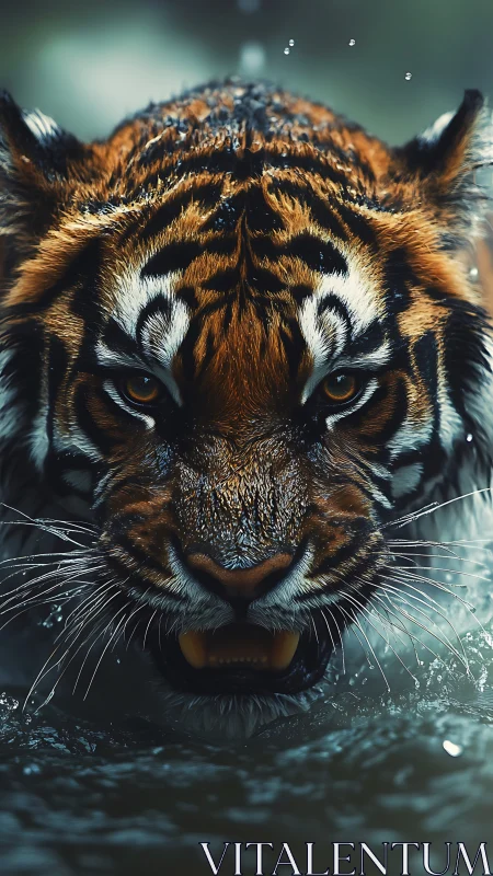 Predatory tiger emerges from dark river in driving focus.