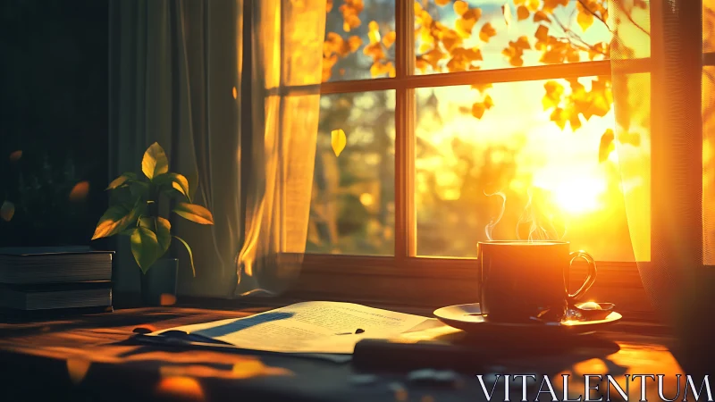 Sunlit window scene shows desk, open book, and steaming cup